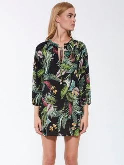 Viscose Tunika EXOTIC LEAVES Schwarz Grün Von Fürstenberg -Modische Unterwäsche kleid schwarz bunt 245 31552 fuerstenberg