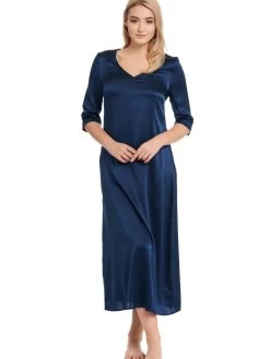Seide Langarm Nachtkleid SEDUZIONE DI SETA Uni Von Gattina -Modische Unterwäsche langarm nachtkleid satin seide marine 381437 seduzione di seta gattina 1 2