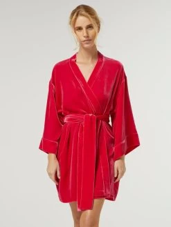 Seide-Viscose Samt Kimono DANY Von Vivis -Modische Unterwäsche morgenmantel kurz seidensamt v00038 dany geranio rot vivis 2