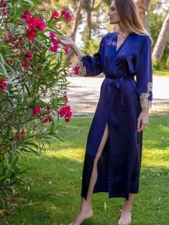 100% Seide Morgenmantel Lang MARJOLIE No. 9 Mit Spitze Marjolaine -Modische Unterwäsche morgenmantel lang marjolie dunkelblau nude 3mar2203 3665 marjolaine