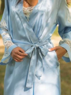 100% Seide Morgenmantel Lang MARJOLIE No. 6 Von Marjolaine -Modische Unterwäsche morgenmantel lang seide 3mar2201 hellblau weiss marjolaine 3 7