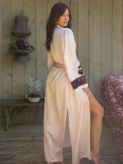 100% Seide Morgenmantel Lang MARJOLIE No. 6 Von Marjolaine -Modische Unterwäsche morgenmantel lang seide 3mar2201 rosa schwarz marjolaine 2 8