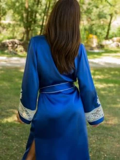 100% Seide Morgenmantel Lang MARJOLIE No. 6 Von Marjolaine -Modische Unterwäsche morgenmantel lang seide 3mar2201 royalblau weiss marjolaine 3 7