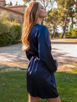 100% Seide Morgenmantel SOIE LASER Kurz Von Marjolaine -Modische Unterwäsche morgenmantel seide kurz dunkelblau laser 0036 marjolaine 8 1 1