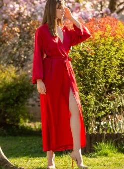 100% Seide Morgenmantel LAURIAN Lang Von Marjolaine -Modische Unterwäsche morgenmantel seide lang rot laurian rouge marjolaine 2 2