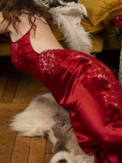 Stretchseide Neglige Lang NINA Luxus Von Marjolaine -Modische Unterwäsche nachtkleid lang cerise rubis nude 4nin3001 marjolaine 6 1