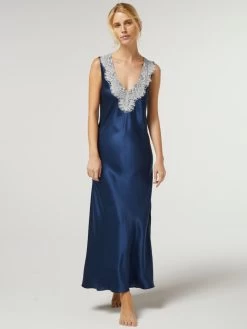 100% Seide Nachtkleid LEONA Lang Von Vivis -Modische Unterwäsche nachtkleid seide lang v00586 leona nachtblau vivis 2 1