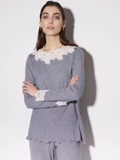 Modal Pyjama FEINRIPP In Jeansblau Von Chiara Fiorini -Modische Unterwäsche pyjama feinripp mit spitze modal denim cf1346 chiara fiorini