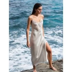 100% Seide Negligee Lang LACE SEDUCTION Elfenbein Weiß Von Luna Di Seta