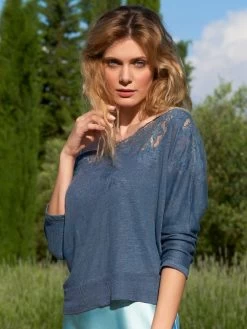 100% Leinen Pullover GLORIA No. 2 Mit Spitze Von Marjolaine -Modische Unterwäsche seide pullover 9glo0501 acier0048 marjolaine 5
