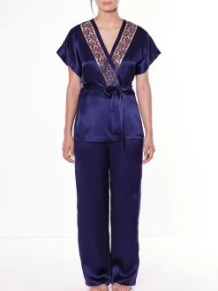 100% Seide Pyjama SHINY EMBROIDERY Nachtblau Von Luna Di Seta -Modische Unterwäsche seide pyjama shiny embroidery l6j7572 dunkelblau luna di seta 1