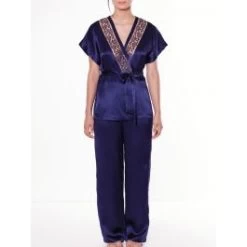 100% Seide Pyjama SHINY EMBROIDERY Nachtblau Von Luna Di Seta