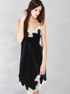 100% Seide Neglige SATIN + LACE Kurz Von Eva B. Bitzer -Modische Unterwäsche seide spitze neglige 29314478 schwarz weiss eva b bitzer 1 7 1