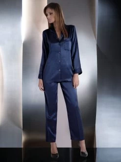 100% Seide Schlafanzug CLASSICO Von Luna Di Seta -Modische Unterwäsche seidenpyjama damen vlst08007 dunkelblau luna di seta 2 1 1 1