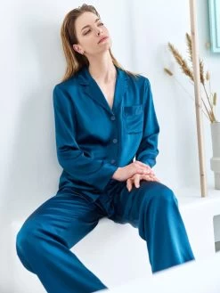 100% Seide Schlafanzug CLASSICO Von Luna Di Seta -Modische Unterwäsche seidenpyjama damen vlst08007 ocean petrol luna di seta 8 1 1 1