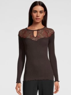 Merino Wolle-Seide LANGARMSHIRT Gerippt Mokka Calais Spitze Von Oscalito -Modische Unterwäsche shirt langarm leavers spitze moka 6624 oscalito