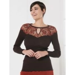 Merino Wolle-Seide LANGARMSHIRT Gerippt Mokka Calais Spitze Von Oscalito