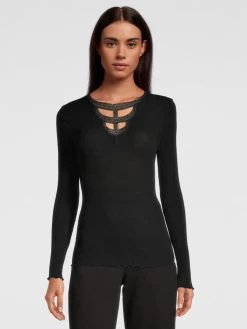 Merinowolle-Seide LANGARM SHIRT Gerippt Schwarz Von Oscalito -Modische Unterwäsche shirt langarm lurex spitze schwarz 6661 oscalito