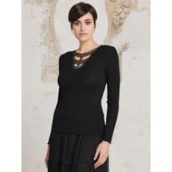 Merinowolle-Seide LANGARM SHIRT Gerippt Schwarz Von Oscalito