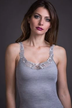 Merinowolle-Seide TRÄGER-TOP Mit Spitze Von Artimaglia -Modische Unterwäsche wolle seide shirt 67601 grau artimaglia